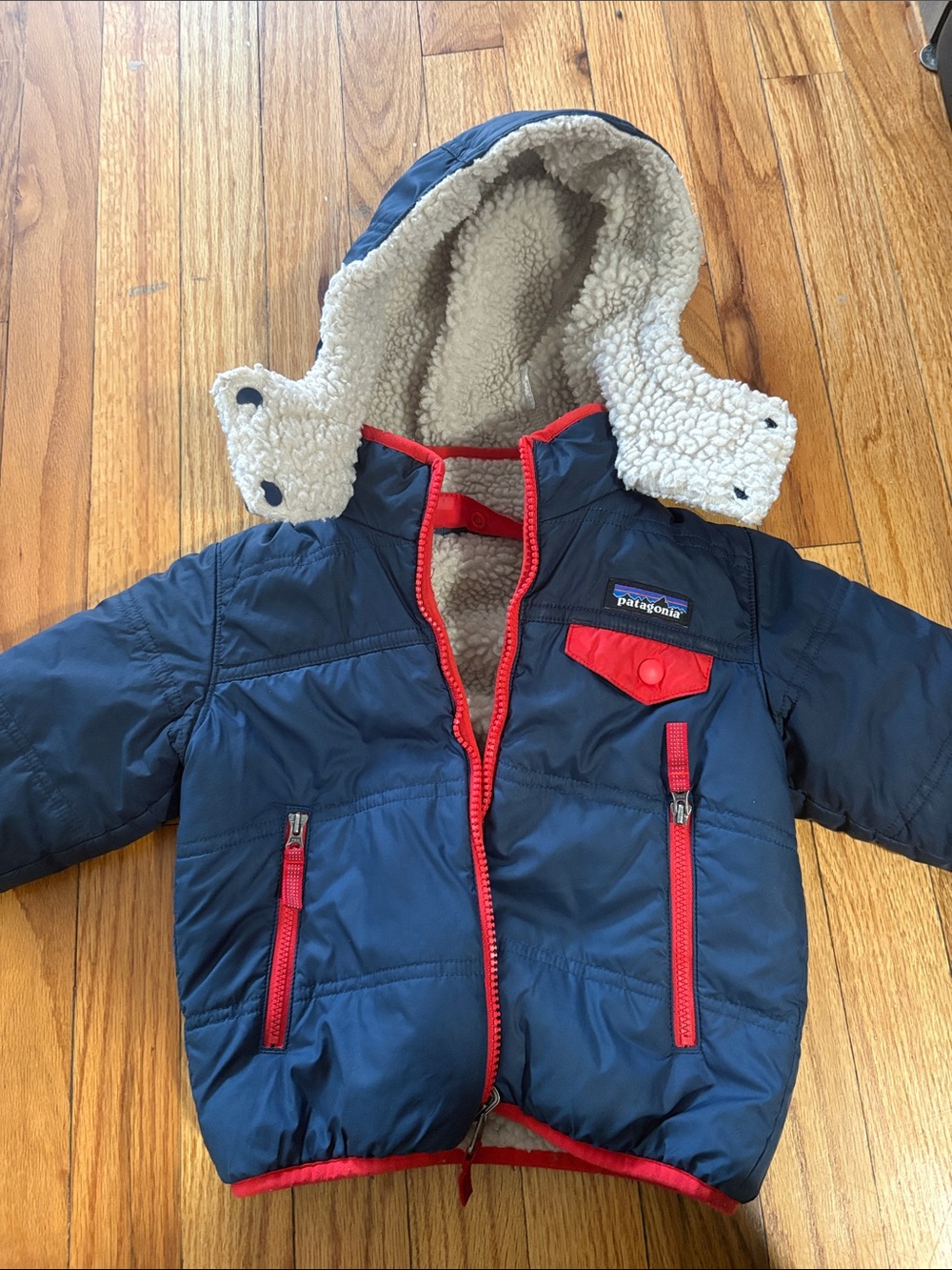 Patagonia Kids Navy Blue Jacket with Red Trim and Sherpa Hood